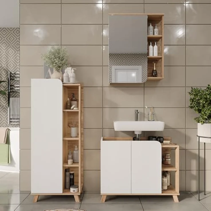 Vichy Badmöbelset Karen, 3-teilig, Waschbeckenunterschrank und Spiegelschrank, Sonoma/Weiss – Bild 3