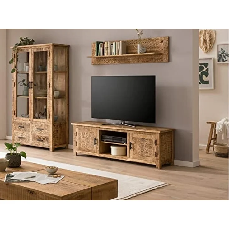TV-Bank massivum Mumbai Mango Massivholz 150x50x42 cm braun TV-Möbel Lowboard rustikal Landhausstil Boho Fernsehtisch Holz – Bild 3