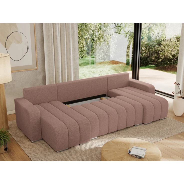 U-förmiges Ecksofa mit Schlaffunktion und Bettkasten, Couch U-form - KIRASSO U - Rosa Boucle – Bild 5