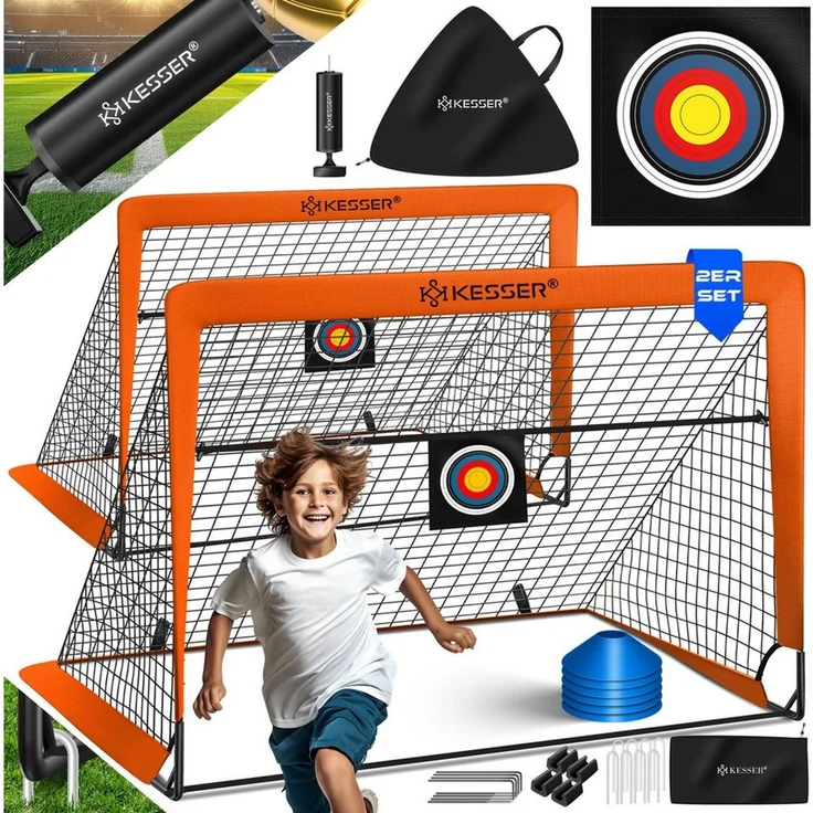 KESSER Pop-Up Fußballtor, 2er Set, mit Transporttasche, 6x Hütchen, Ballpumpe & Zielscheibe, Glasfaserstangen, 120x90 cm, Orange – Bild 1