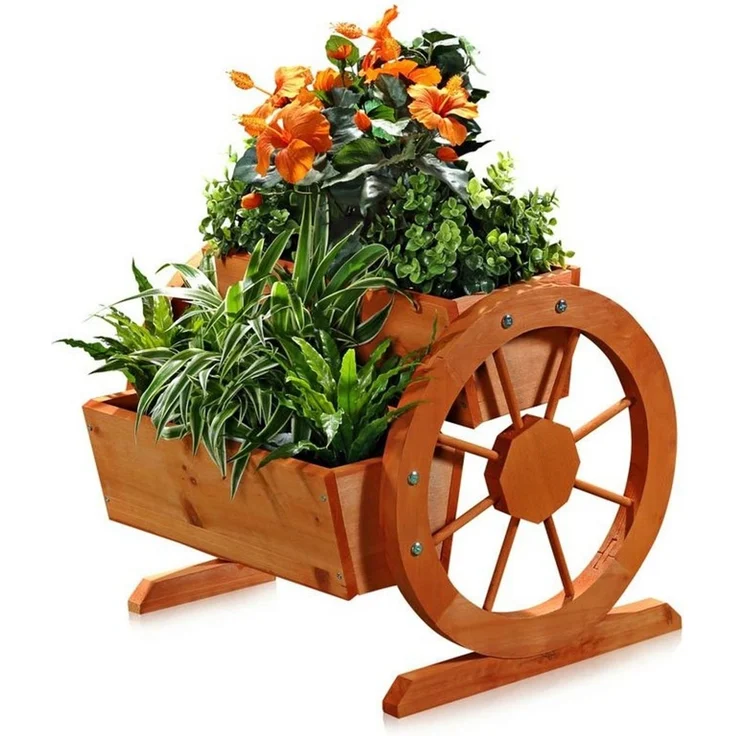 Pflanzkübel mit Wagenräder aus Holz Garten Dekoration Blumentrog Holzkasten – Bild 1