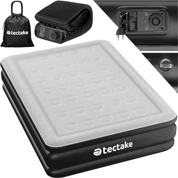 tectake AirDreams Luftbett, selbstaufblasend mit elektrischer Pumpe, Schwarz, Weiß, 200 x 148 x 44 cm, belastbar bis 300 kg – Bild 1