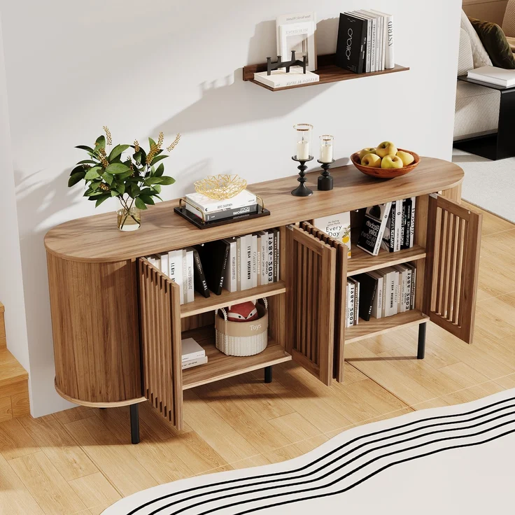 Merax 160x40x70cm Sideboard aus MDF mit 4 perforierten Schiebetüren, Kommode mit verstellbaren Einlegeböden und stabilen Metallbeinen, Wohnzimmer Buffet-Schrank, Naturholzfarbe – Bild 3