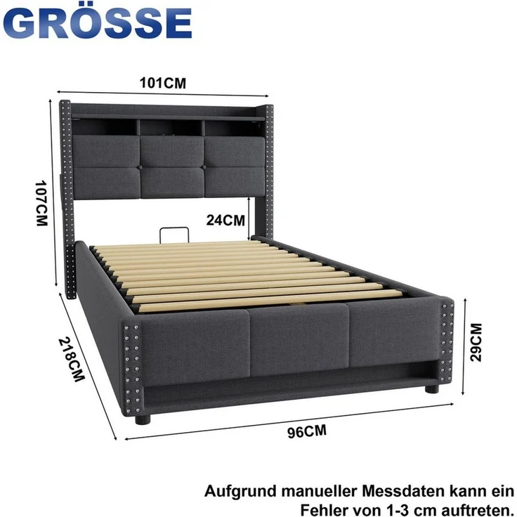 STILVORA Polsterbett 90×200 mit Bettkasten Bettgestell in Grau, Leinenbezug, ohne Matratze (Bettgestell inkl. Lattenrost), Mehrfarbige LED-Beleuchtung, Integrierte Ladefunktion, Nietenbesatz – Bild 4