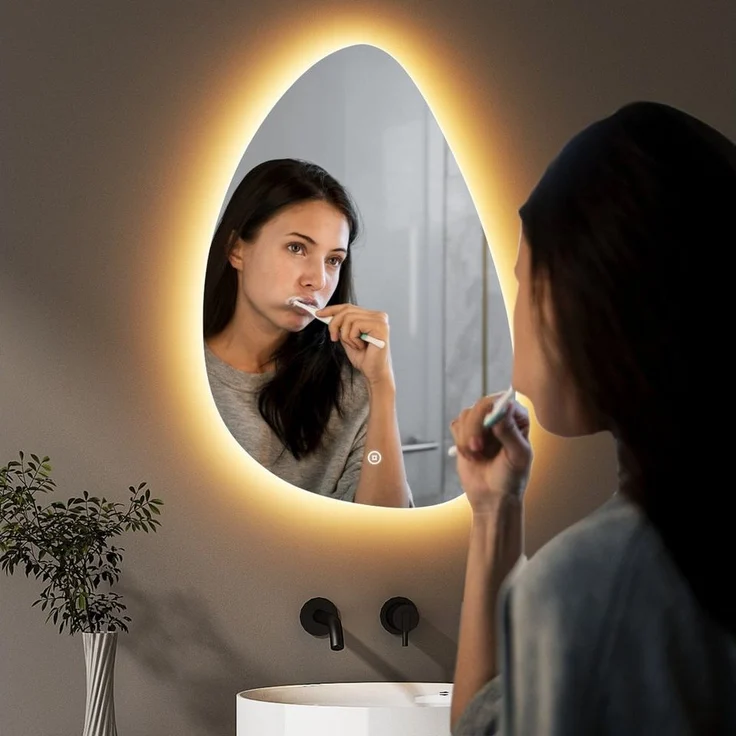 WDWRITTI Wandspiegel mit beleuchtung Badspiegel LED Touch Modern Dreifarbiges Dimmbar (LED Spiegel Bad, Wassertropfen, 55x80cm), LED Multifunktionspiegel – Bild 1