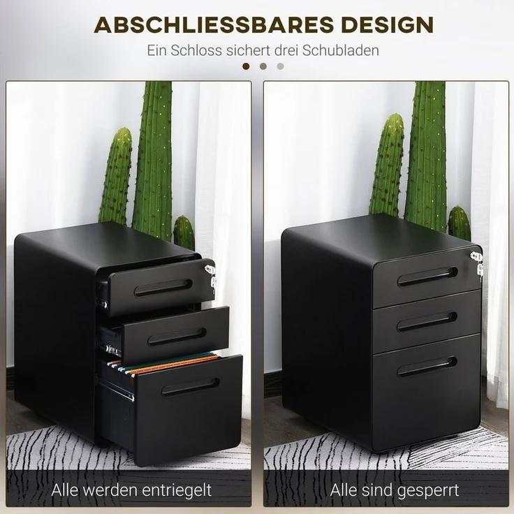 Vinsetto Rollcontainer Bürocontainer mit 3 Schubladen, (Büroschrank, 1 St, Aktenschrank), Stahl, Schwarz, 39 x 48 x 59 cm – Bild 3
