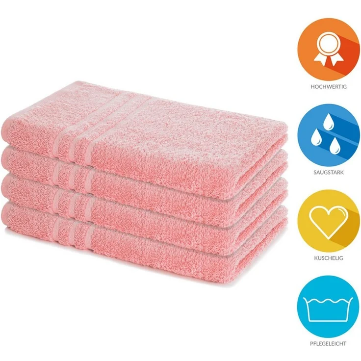 Lavea 4er Set Handtuch 50x100 cm – Saugstarke und Weiche Handtücher aus 100% Baumwolle, Frottierserie Elena – Waschbar und Strapazierfähig - Pastellrosa