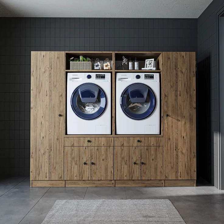 Roomart Waschmaschinenumbauschrank & Schrankwand für Waschküche - SERIE 1 - | 224 cm breit | Waschmaschine & Trockner | Mit Ausziehbrett | Hauswirtschaftsraum Möbel • Eiche – Bild 3