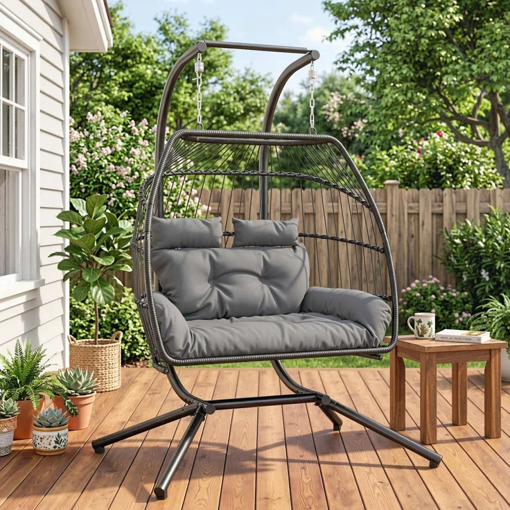 Hängestuhl, faltbarer Korbstuhl mit Kissen, Stahlrahmen, für drinnen und draußen, bis zu 260 kg belastbar, Dunkelgrau--Dunkelgrau--185x100x170cm--YOUDENOVA – Bild 3