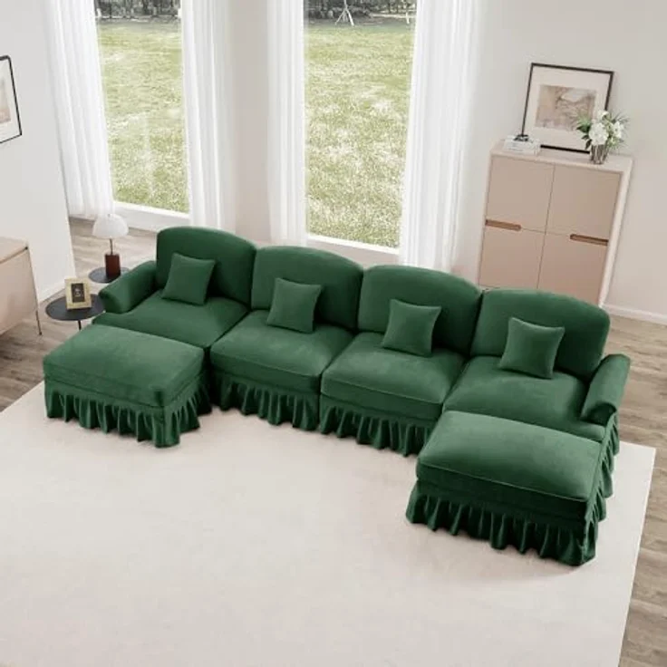 Ball & Cast Sofa Sets, Sofa 2 Sitzer mit Flared Armlehnen, Modulares Sofa mit Abnehmbarem Volant für Wohnzimmer, Grün, 4 Sitze + 2 Hocker – Bild 1