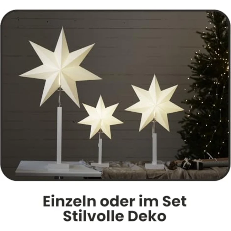 EGLO Tischlampe mit Weihnachtsstern, Dekostern beleuchtet aus Papier mit Holz-Sockel, 3D Fenster-Leuchtstern stehend in weiß mit Kabel, Tischleuchte Weihnachten, E14 Fassung, 70 cm – Bild 7