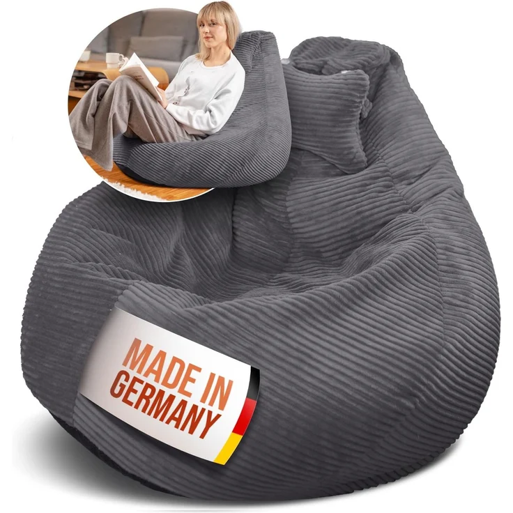 LazyCloud Sitzsack für Erwachsene mit integrierter [Nackenstütze] Cord | XXL Indoor Bean Bag mit Füllung | perfekt als Chill-, Lese- oder Gaming Sessel (90 x 80 x 70 cm) (Anthrazit) – Bild 1