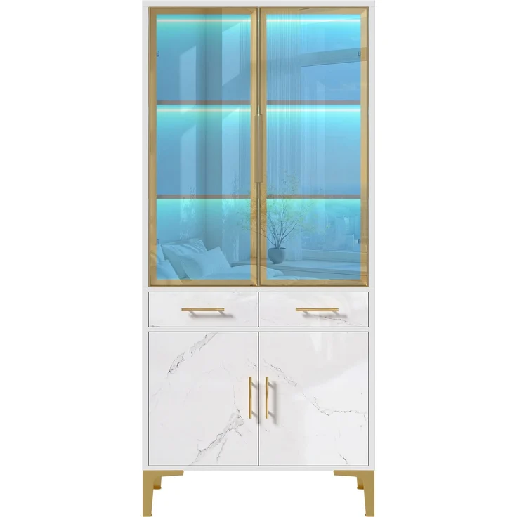 ZUBALIYA Vitrine, mit Schubladen, mit Stauraum, mit LED-Beleuchtung, mit App-Steuerung, H 170 × T 38 × B 75 cm, Weiß, MDF / Spanplatte – Bild 18