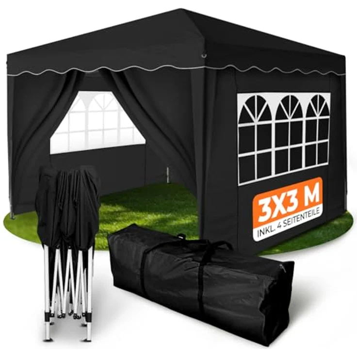 Faltpavillon 3x3 m - wasserdicht - mit 4 Seitenteilen, schwarz – Bild 2