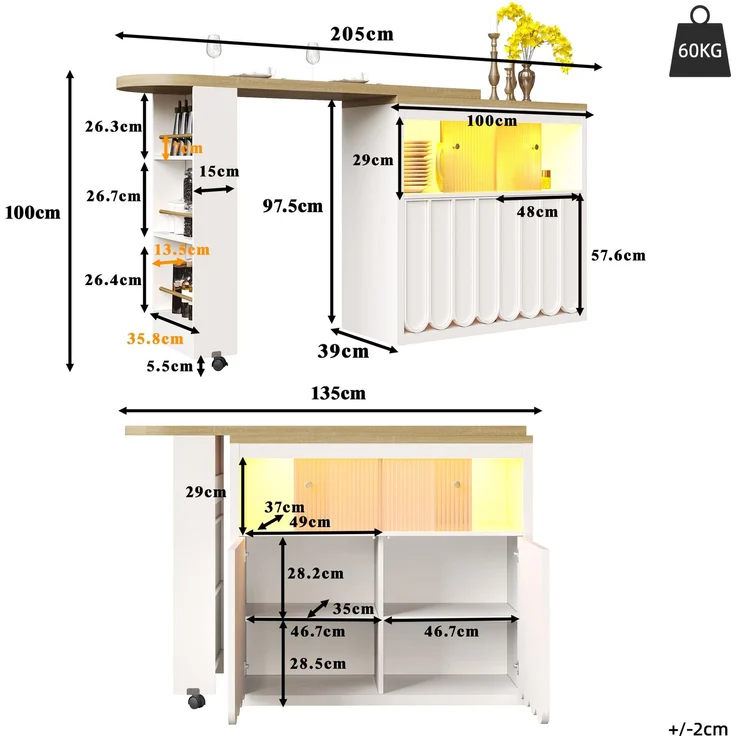 Merax Ausziehbarer Bartisch mit Stauraum(135-205×39×100cm) , Moderner Beweglicher Bar Table, Teleskopischer Bartisch mit LED, Stehtisch Bistrotisch, Weiß – Bild 4