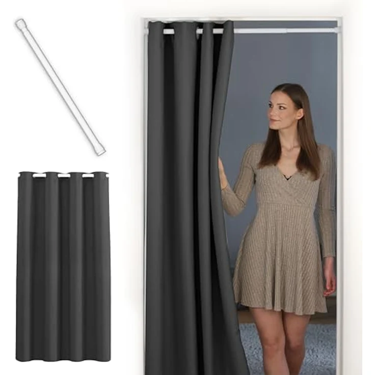 tinycurtains Türvorhang mit Stange weiß 55-90 cm ohne Bohren, Thermo Vorhang Tür, Ösen, abdunkelnd, Polyester, blickdicht, Anthrazit Nebula, Türgardine mit Klemmstange verdunkelnd – Bild 2
