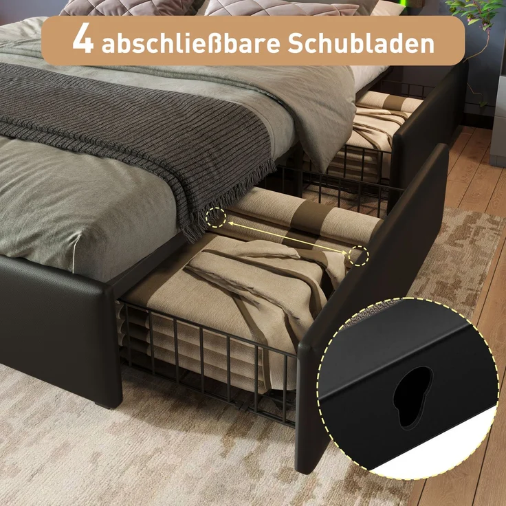 Einzelbett 160x200 cm mit LED-Beleuchtung, 4 Schubladen, höhenverstellbares Kopfteil, Luxus-Kunstleder Schwarz,inklusive Matratze – Bild 7