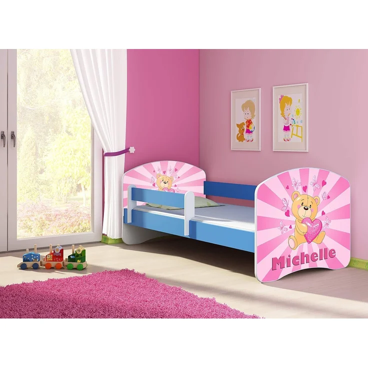 ACMA Kinderbett Jugendbett mit Einer Schublade und Matratze Blau mit Rausfallschutz Lattenrost II 140x70 160x80 180x80 (10 Teddybär, 140x70) – Bild 4