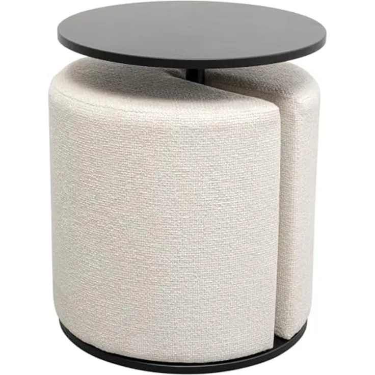 Kare Design Beistelltisch mit Hocker, Better Together (2-teilig), Creme/Schwarz, 46cm Durchmesser, Ablage Wohnzimmertisch, inklusive Hocker, Stahlgestell, Rund
