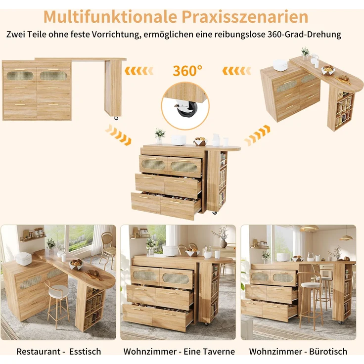 Bartisch mit 6 Schubladen & PE Rattan Türen, 360° drehbarer Stehtisch mit Kippsicherung, viel Stauraum, Metallgriffe, Bistrotisch für Wohnzimmer, Küche, Esszimmer, Arbeitsbereich--Natürlich--140x46.99x14cm--YOUDENOVA – Bild 9