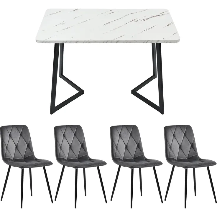 Merax Essgruppe, (5-tlg), Esstisch mit 4 Stühlen Set Küchetisch Esszimmerstuhl, Metallbeine, Samt, Grau