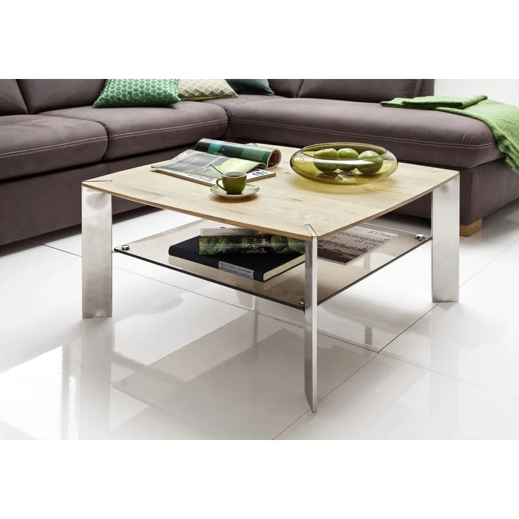 Couchtisch >NELIA< Glasablage, Eiche, Massivholz - 80x41x80cm (BxHxT) – Bild 2