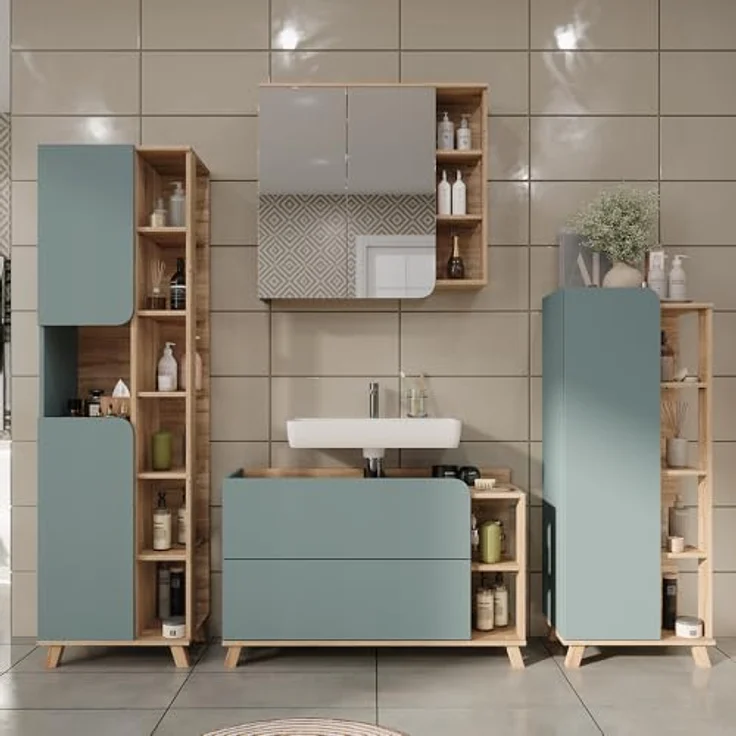 Vichy Badmöbelset Karen, Sonoma/Blau, 4 Teile mit modernem Design und geräumigem Stauraum – Bild 3