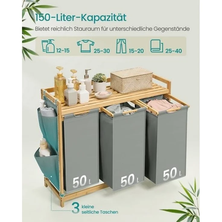 SONGMICS Wäschekorb, 3 Fächer, Bambus, 150 L, mit Ablage, kleine seitliche Taschen, 3 x 50 L, taubengrau, 94 x 33 x 78 cm – Bild 3