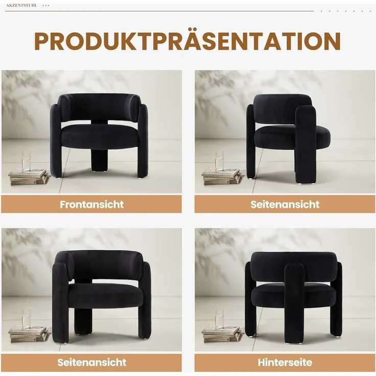 COLAMY Modern Velvet Ohrensessel 2er Set, Gepolsterter Sessel Wohnzimmer, Bequemer Runder loungesessel mit 3 Beinen für Wohnzimmer, Schlafzimmer, Leseecke, Schwarz – Bild 6