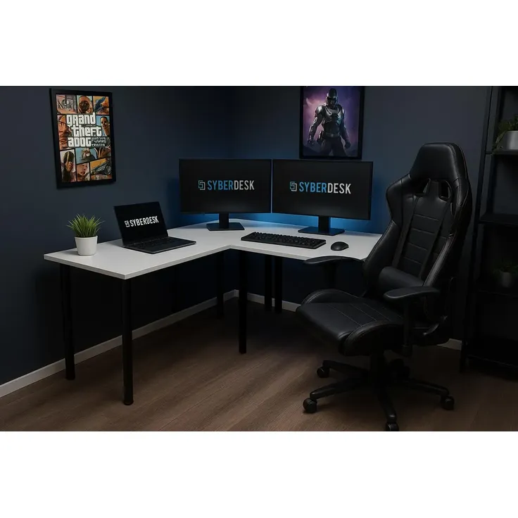 SyberDesk Gaming Pro Eckschreibtisch 197 x 132 cm – großer Computertisch, Eckschreibtisch, Schreibtisch für Büro & Gaming (links, weiß) – Bild 2