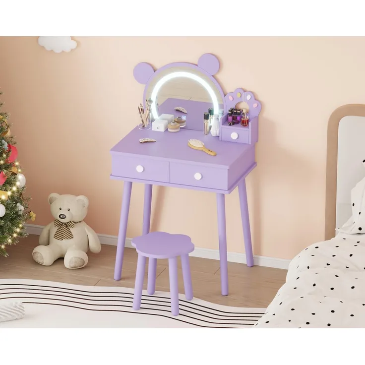 GarveeLife Schminktisch für Kinder, Mädchen, mit Spiegel & LED-Licht in 3 Farben mit 2 Schubladen, für Kinder von 3 – 8 Jahren, 55 x 38 x 101 cm