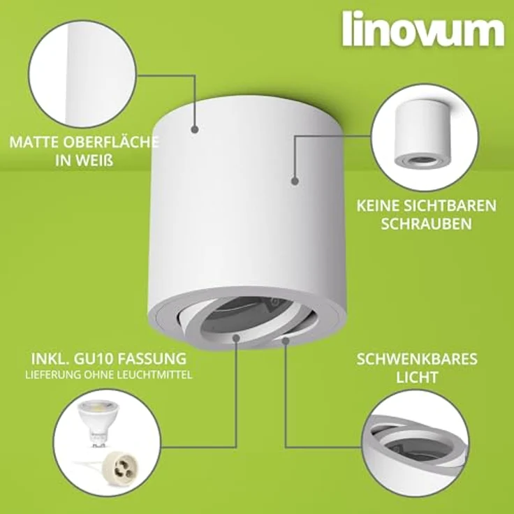 linovum LED Aufbaustrahler 4 x runde Aufbauleuchten CORI in matt weiss & schwenkbar, Leuchtmittel nicht inklusive – Bild 4