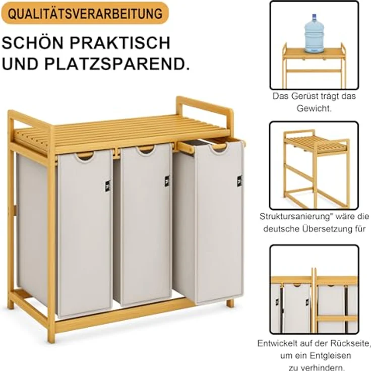 AdelDream Wäschekorb Wäschekörbe mit Bambusrahmen, 150 l, 3 Fächer – Bild 5
