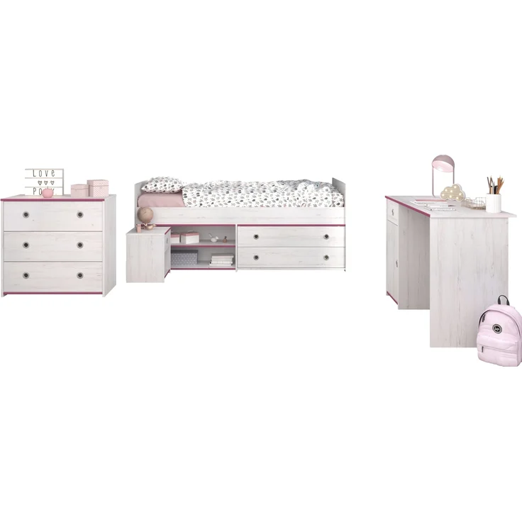 Jugendzimmer-Set >Smoozy 37< (3-teilig) Kleiderschrank, Schreibtisch, Bett, in Kiefer Weiß Dekor – Bild 5