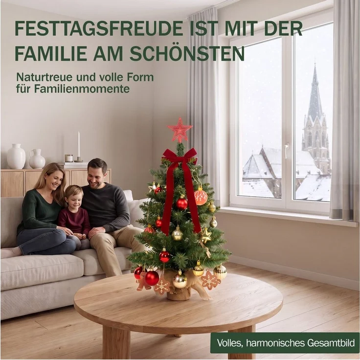 Lindenstein Echter Weihnachtsbaum Künstlicher Mini-Weihnachtsbaum mit LED-Beleuchtung und Deko, 60 cm, Nordmanntanne, Wiederverwendbar, vielseitig, pflegeleicht, umweltfreundlich – Bild 2