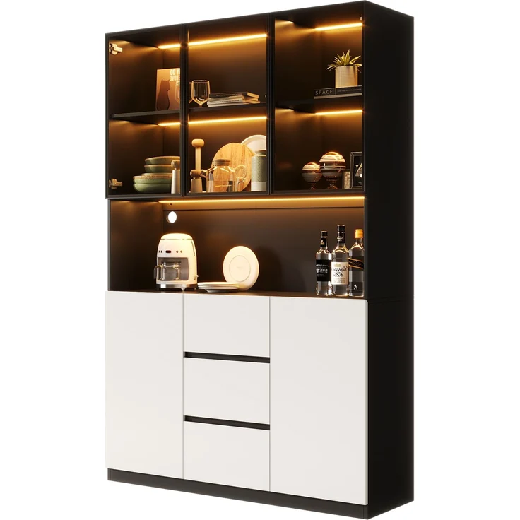 Vitrine 120x40x200 cm in Schwarz mit LED, Glasbereich, 3 Schubladen und 2 Türen – Bild 7
