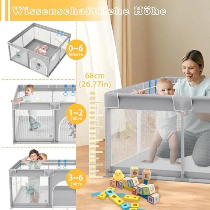 FIVMEN Laufstall 150x180cm Mit 50 Spielbällen, Krabbelgitter und 4 Zugringen - Tragbarer Baby Playpen, Grauer Raumfahrer – Bild 4