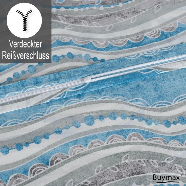 Buymax Bettwäsche, Renforce: 100% Baumwolle, 2 teilig, 135x200 cm Bettbezug Set, mit Reißverschluss, Streifen, Blau Weiß Grau – Bild 4