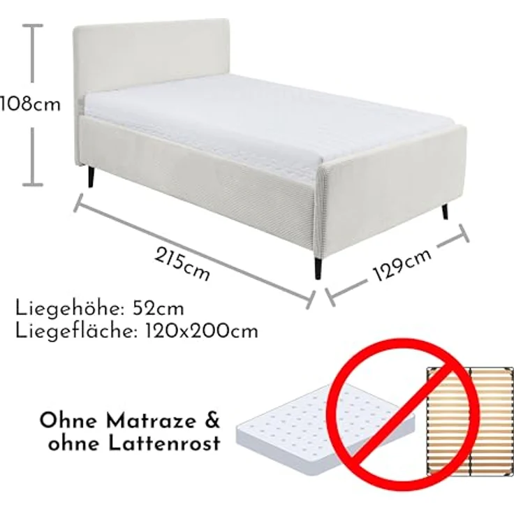 Stella Trading Peach Polsterbett Bettgestell 120x200, Ivory - Modernes Einzelbett in Cord-Optik mit Holzfüßen - 129 x 108 x 215 cm (B/H/T) – Bild 3