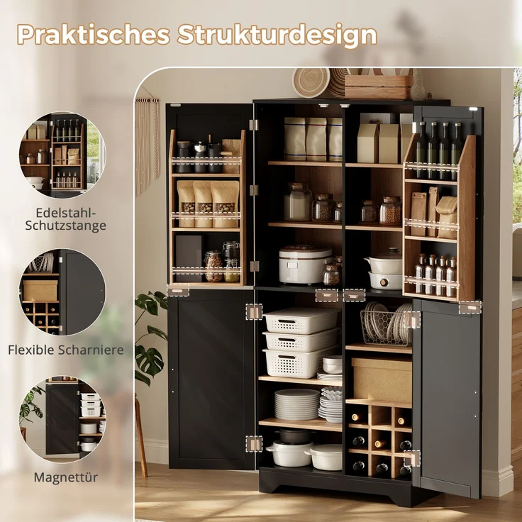 Küchenschrank, hoher Stauraumschrank mit 4 Scheunentor-Türen, Vorratsschrank mit Weinregal und Türregal, Aufbewahrungsschrank für Wohnzimmer und Esszimmer, 80 × 40× 180 cm – Bild 6