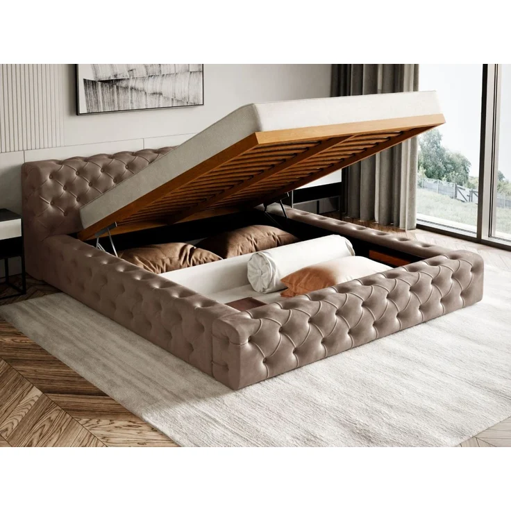 GRAINGOLD Palini Polsterbett 140x200, mit gepolstertes Kopfteil, gestepptes Bett, Bettkasten, Velour-Stoff, Braun – Bild 5