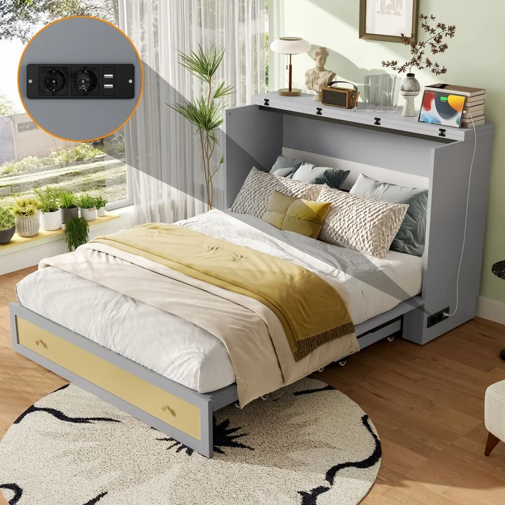 Schrankbett, 140 x 200, Mobiles Schrankbett mit Schubladen am Bettende und Regal am Kopfende des Bettes, mit USB und Steckdose, Umbaubares Plattformbett, Ohne Matratze, Grau – Bild 1