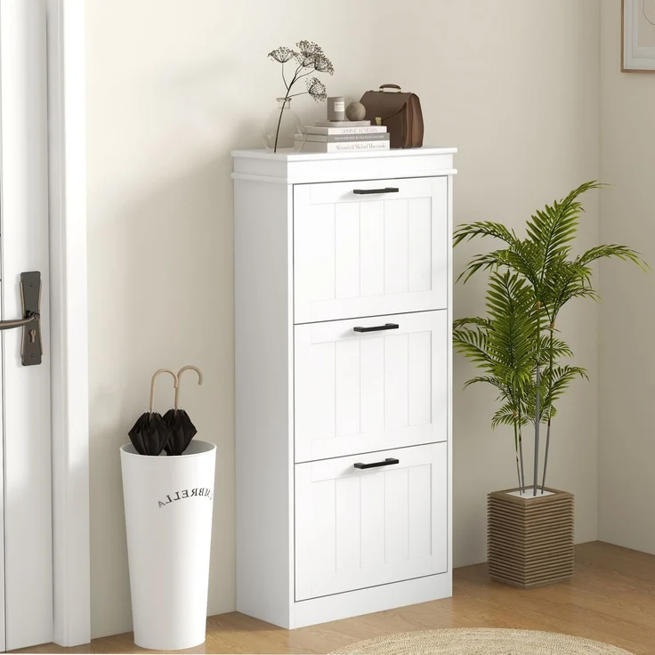 Schuhschrank, 3 Klapptüren, 15 Paar, verstellbare Einlegeböden, für Eingangsbereich, Flur, 54 x 24 x 117,5 cm, weiß – Bild 4