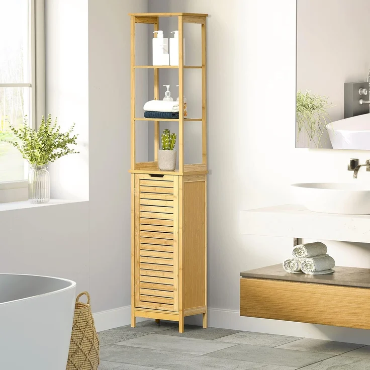 Kleankin Badkommode Badschrank mit 3 offenen Fächer und 1 Schrank (Badmöbel, 1 St, Badezimmerschrank), Natur 34 x 30 x 173 cm – Bild 9