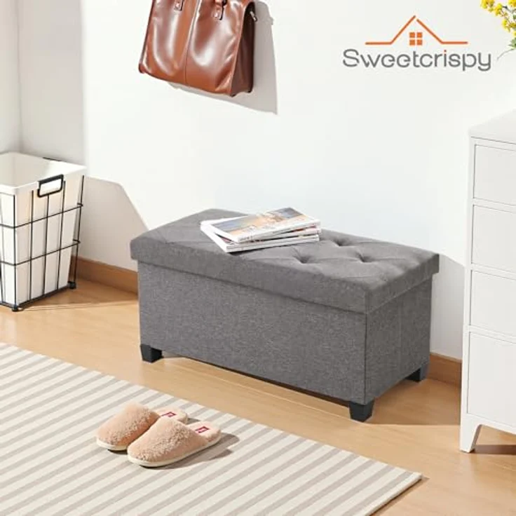 Sweetcrispy Sitzbank mit Stauraum, Sitzbank mit Beinen, 76 x 38 x 38 cm, Klappbare Sitztruhe Sitzhocker, Aufbewahrungsbox mit Deckel, bis 300 kg belastbar, für Wohnzimmer Schlafzimmer Flur, Dunkelgrau – Bild 2