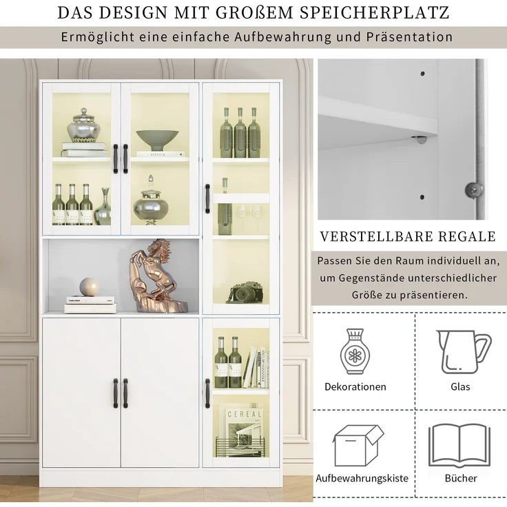 Bücherregal-Vitrine, mit LED-Licht, 4 Acryl- & 2 Holztüren, 9 Fächer, 120x40x200 cm, Weiß – Bild 8