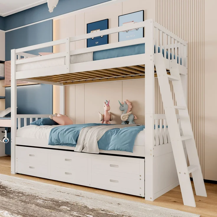 Etagenbett 90x200 cm mit Ausziehbett, 3 Schubladen, Kinderbett aus Kiefernholz und MDF, mit Treppe,Weiß – Bild 4