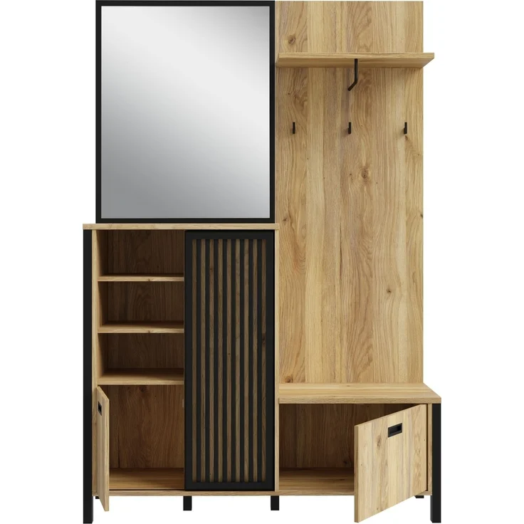 Kompaktgarderobe >JYTANA< mit Spiegel, Mauvella Eiche Dekor / schwarz - 132x200,3x40,2cm (BxHxT) – Bild 3