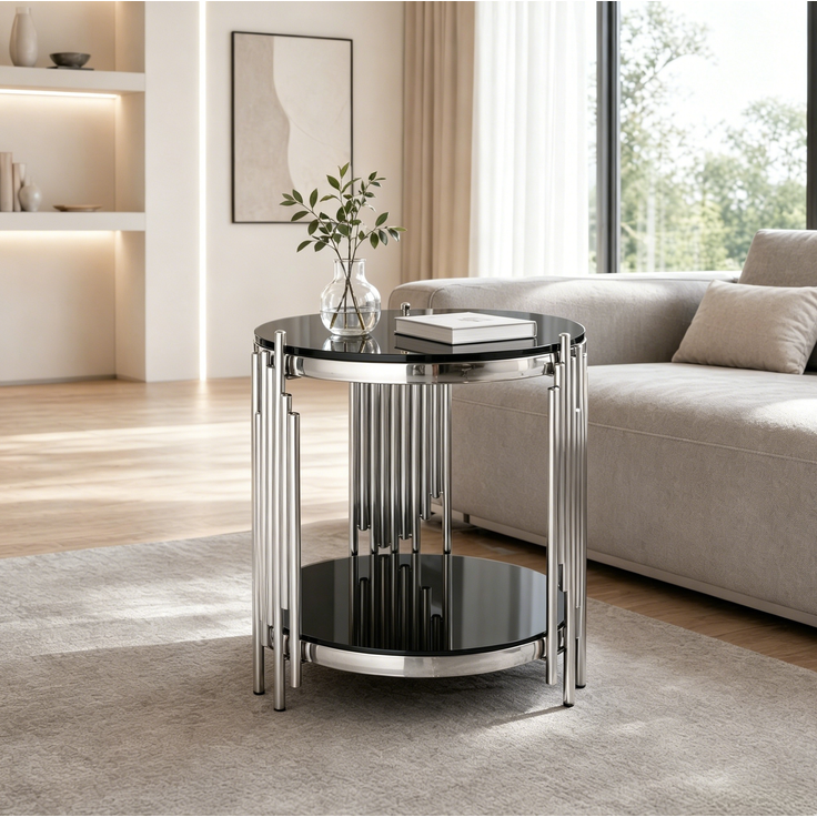 Couchtisch 45 cm rund aus gehärtetem Glas und Edelstahl in Schwarz/Silber