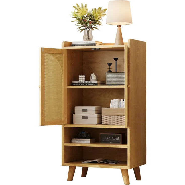 DESVIAE Sideboard mit 2 Rattantüren und offenen Fächern 60x121x40 cm Spanplatte Natur – Bild 7